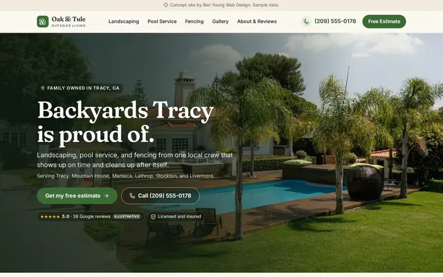 Homepage of the Oak and Tule Outdoor Living concept site