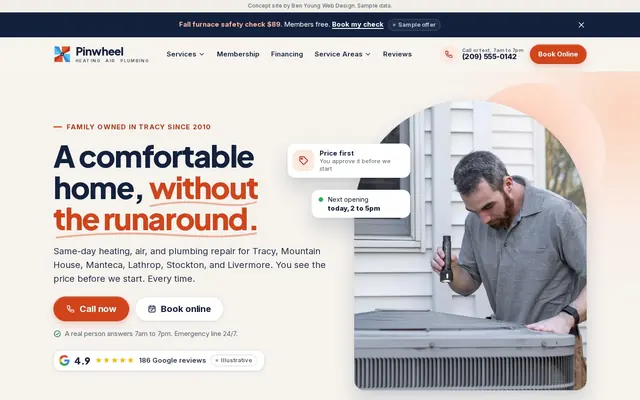Homepage of the Pinwheel Heating, Air and Plumbing concept site