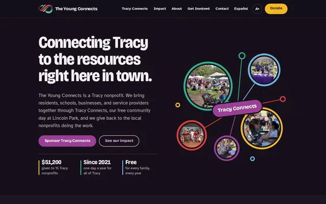 Homepage of The Young Connects website in dark mode
